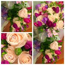 wedding, bride, groom, flower, bouquet, roses, red
